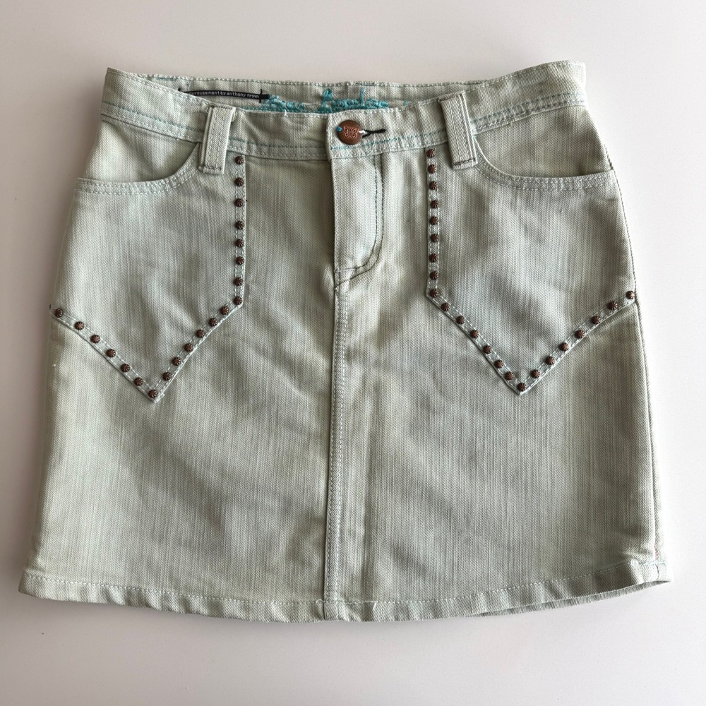 New London Anthony Frym Y2K Embroidered Embellished Denim Mini‎ Skirt 26 waist
